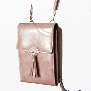 Carr Ken crossbody bag handbag wallet purse pink mauve tassel trim gold tone